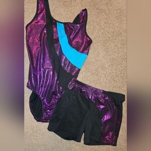 Danskin Now Black Leotard with Metallic Purple and Teal Accents